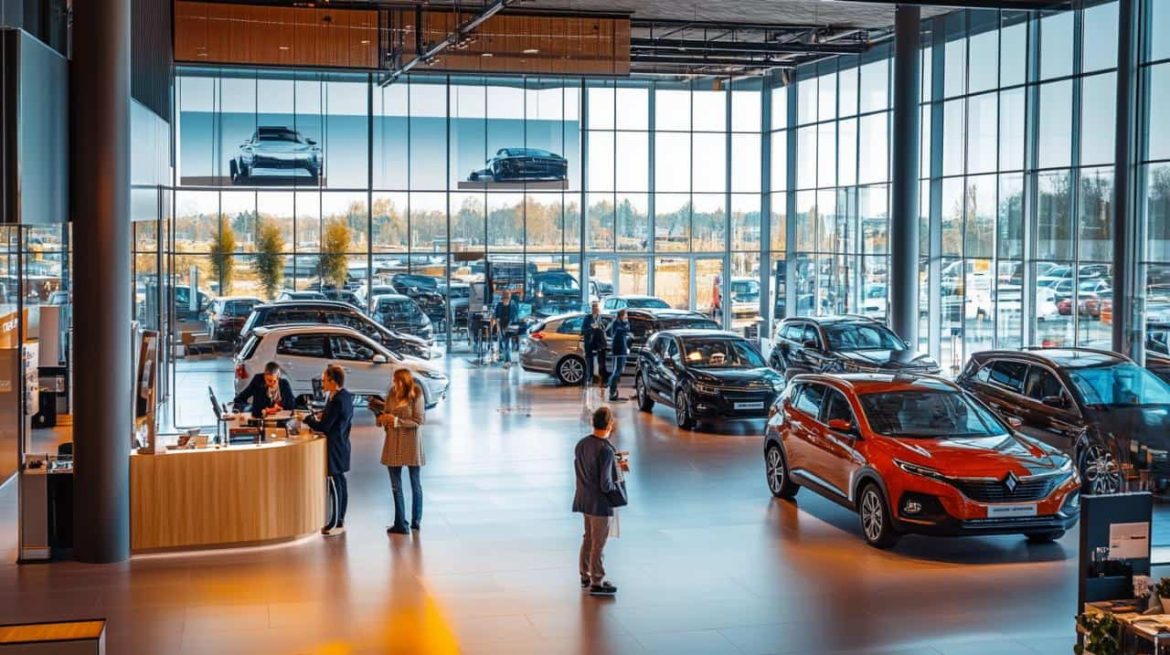 Intérieur d'une concession moderne lumineuse présentant une large gamme de voitures d'occasion à Nantes