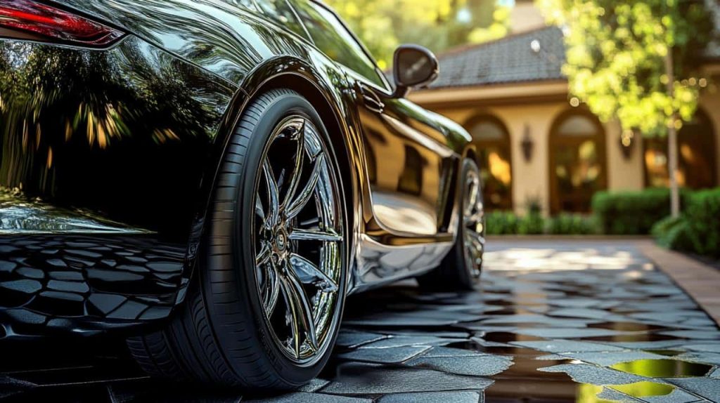 Gros plan sur les jantes chromées et le profil d'une voiture d'occasion haut de gamme devant une villa méditerranéenne