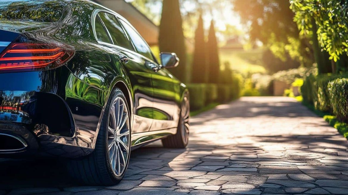 Vue arrière d'une voiture d'occasion haut de gamme noire stationnée dans l'allée ensoleillée d'une propriété privée