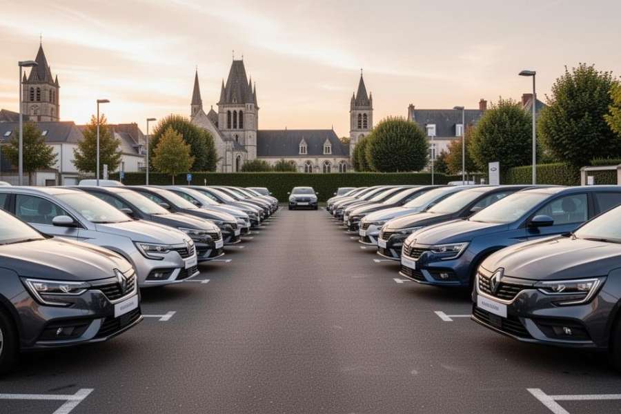 Une allée centrale d'un vaste parc de voitures d'occasion Renault alignées symétriquement, avec un ancien édifice en pierre en arrière-plan au coucher du soleil.